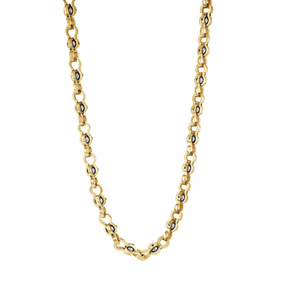 Two-tone stainless steel fancy link chain.