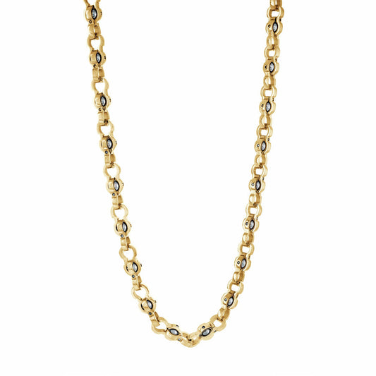 Two-tone stainless steel fancy link chain.