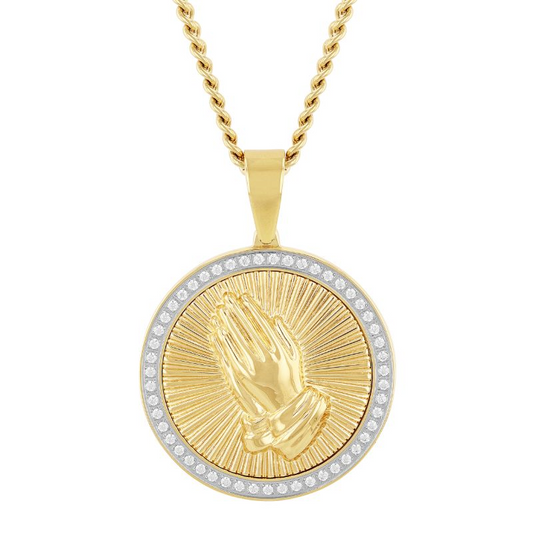 Yellow diamond necklace with praying hands pendant.