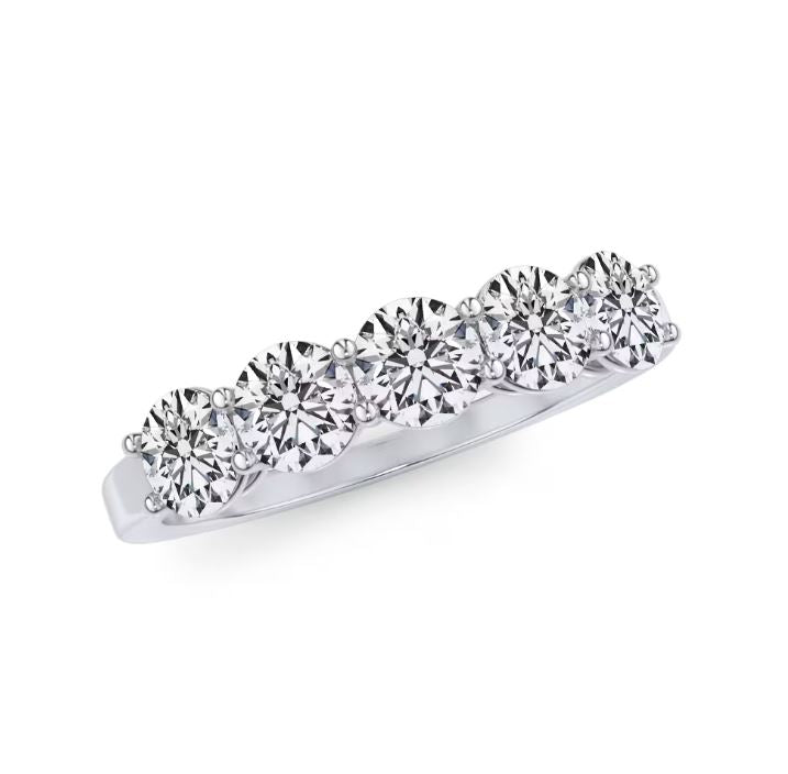 Platinum band with five round diamonds.