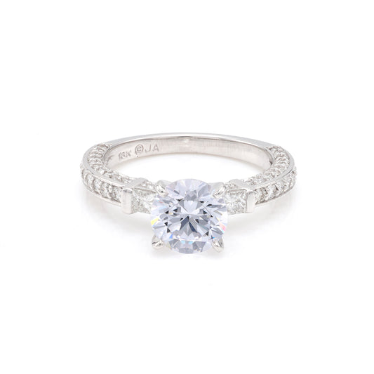 ReMarkable Estate Side Stone Natural Diamond Semi-Mount Engagement Ring in 18 Karat White Gold with 62 Round Diamonds, Color: G/H, Clarity: VS2-SI1