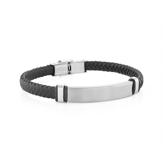 Braid Bracelet (No Stones) in Stainless Steel - Leather White - Black