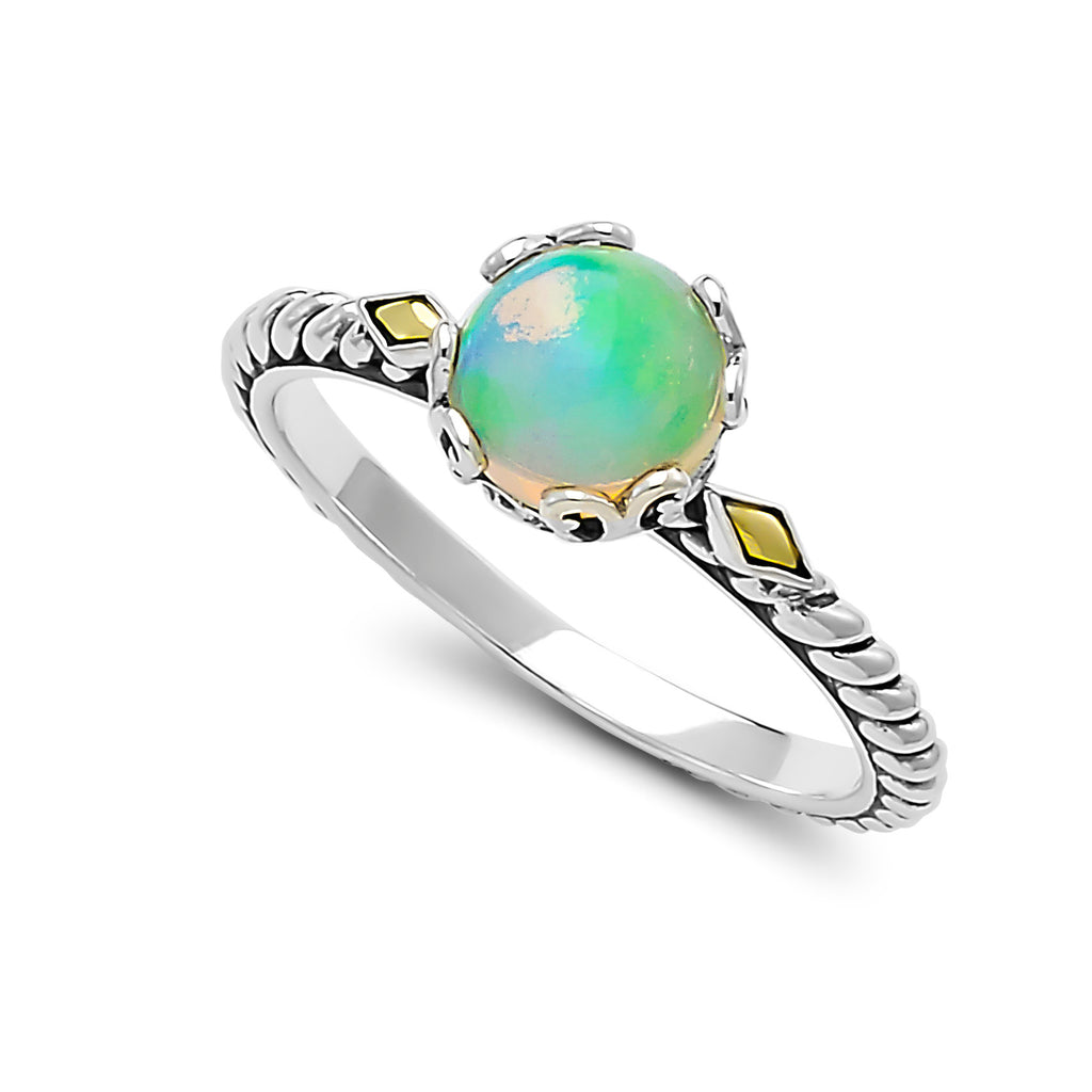 Color Gemstone Ring in Sterling Silver - 18 Karat White - Yellow with 1 Round Opal
