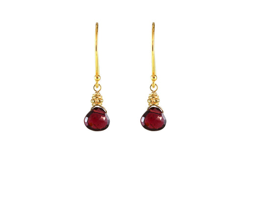 Gold-filled earrings with teardrop rhodolite garnets.