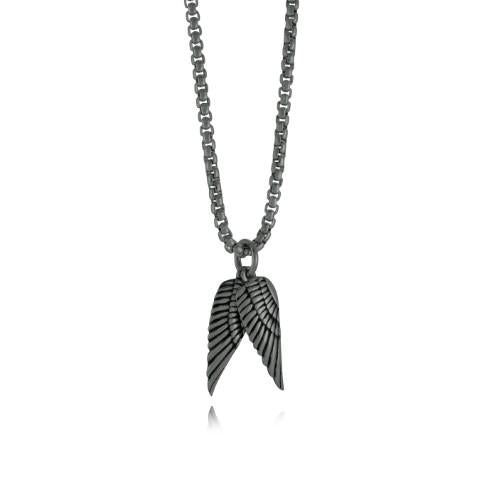 Dark grey stainless steel wing pendant necklace.