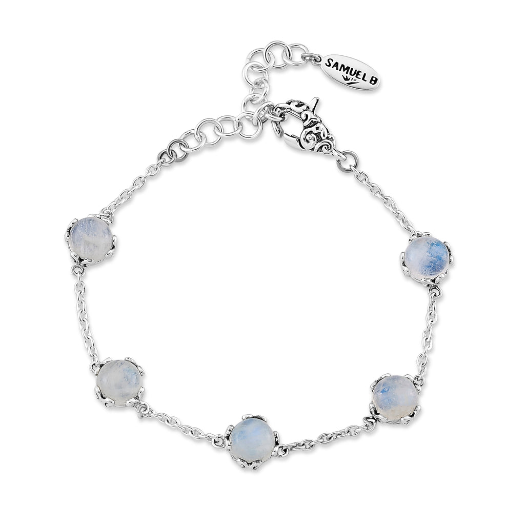 Station Color Gemstone Bracelet in Sterling Silver White with 5 Round Moonstones