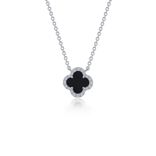 Clover Color Gemstone Necklace in Platinum Bonded Sterling Silver White with 1 Clover Onyx
