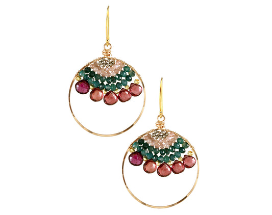 Gold hoop earrings with colorful gemstones.