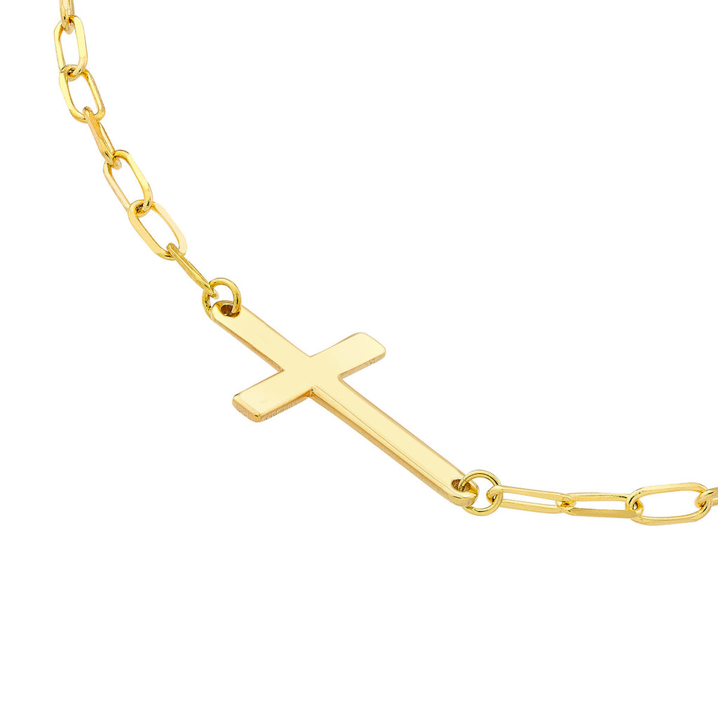 14K yellow gold cross necklace, paperclip chain.