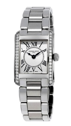 Stainless steel watch with diamond accents.