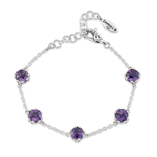 Station Color Gemstone Bracelet in Sterling Silver White with 5 Round Amethysts