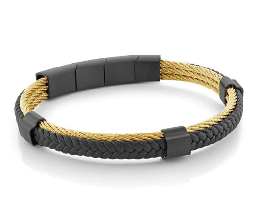 Stainless steel bracelet with black leather accents.