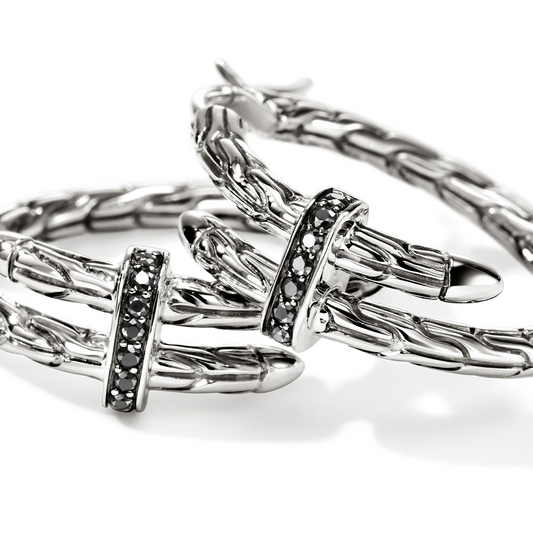 John Hardy Spear Collection Medium Hoop Color Gemstone Earrings in Sterling Silver White with 16 Round Black Sapphires