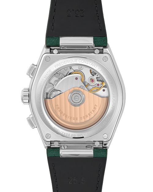 Automatic movement, stainless steel, leather strap, green dial.