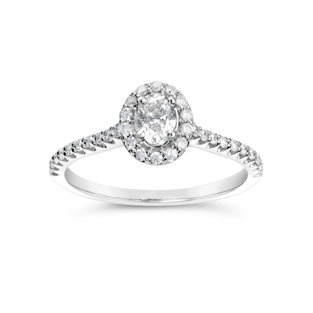 Halo Earth Mined Complete Diamond Engagement Ring in 14 Karat White with 0.25ctw J SI2 Oval Diamond