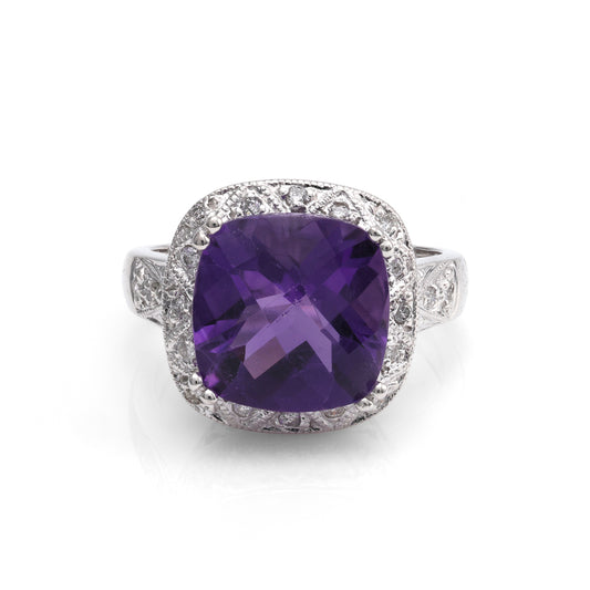 M Estate Collection Color Gemstone Ring in 14 Karat White with 1 Cushion Amethyst 3.37ctw 9.8mm-9.8mm