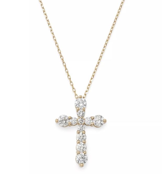 Yellow gold cross necklace with round diamonds.