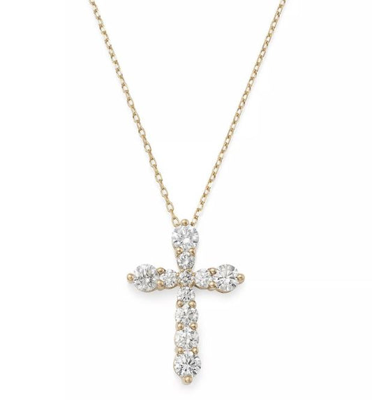 Yellow gold cross necklace with round diamonds.