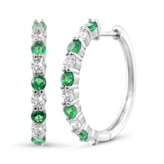 Medium Hoop Color Gemstone Earrings in Sterling Silver White with 10 Round Simulated Emeralds 1.50ctw