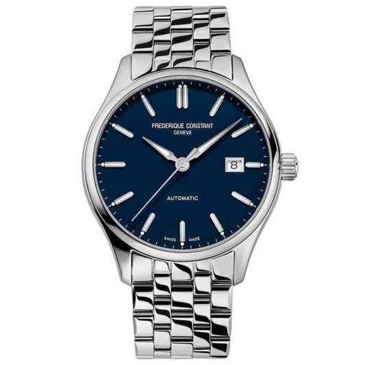 Stainless steel watch with blue dial.