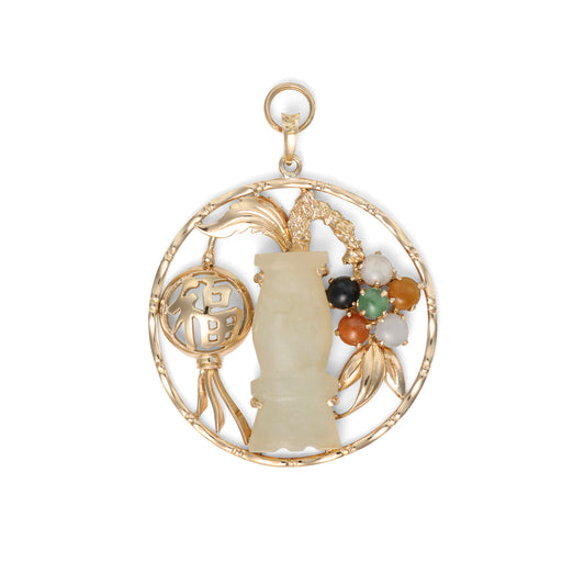 Pendant Color Gemstone Necklace in 14 Karat Yellow with 6 Cabochon Jades 4.5mm
