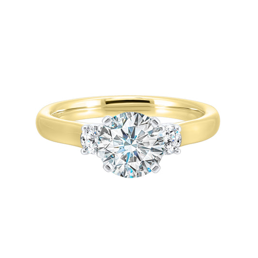 Marks 89 Three Stone Natural Diamond Semi-Mount Engagement Ring in 14 Karat Yellow with 2 Round Diamonds, totaling 0.24ctw