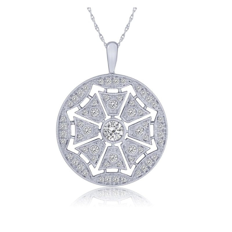 Round diamond pendant with intricate geometric design.