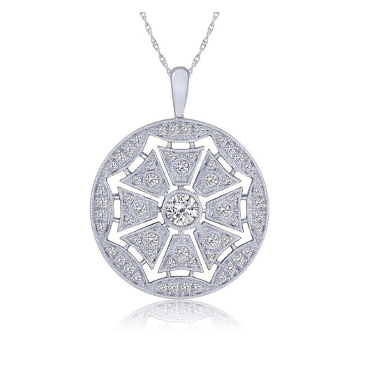 Round diamond pendant in white gold.