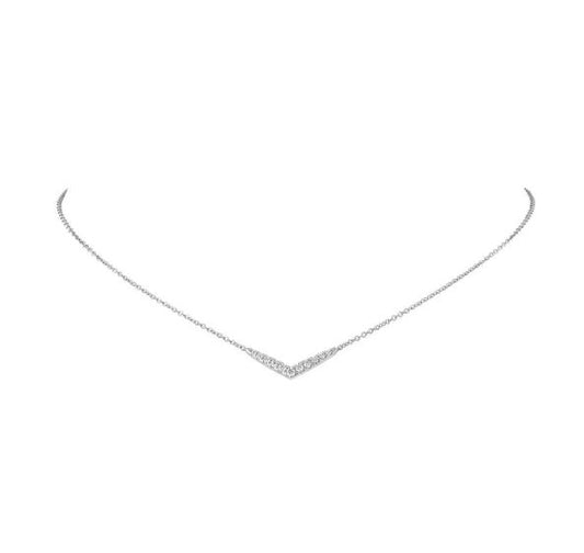 14K white gold necklace with round diamonds.