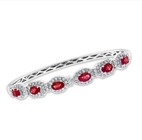 Bangle Color Gemstone Bracelet in 14 Karat White with 6 Oval Rubies 2.61ctw