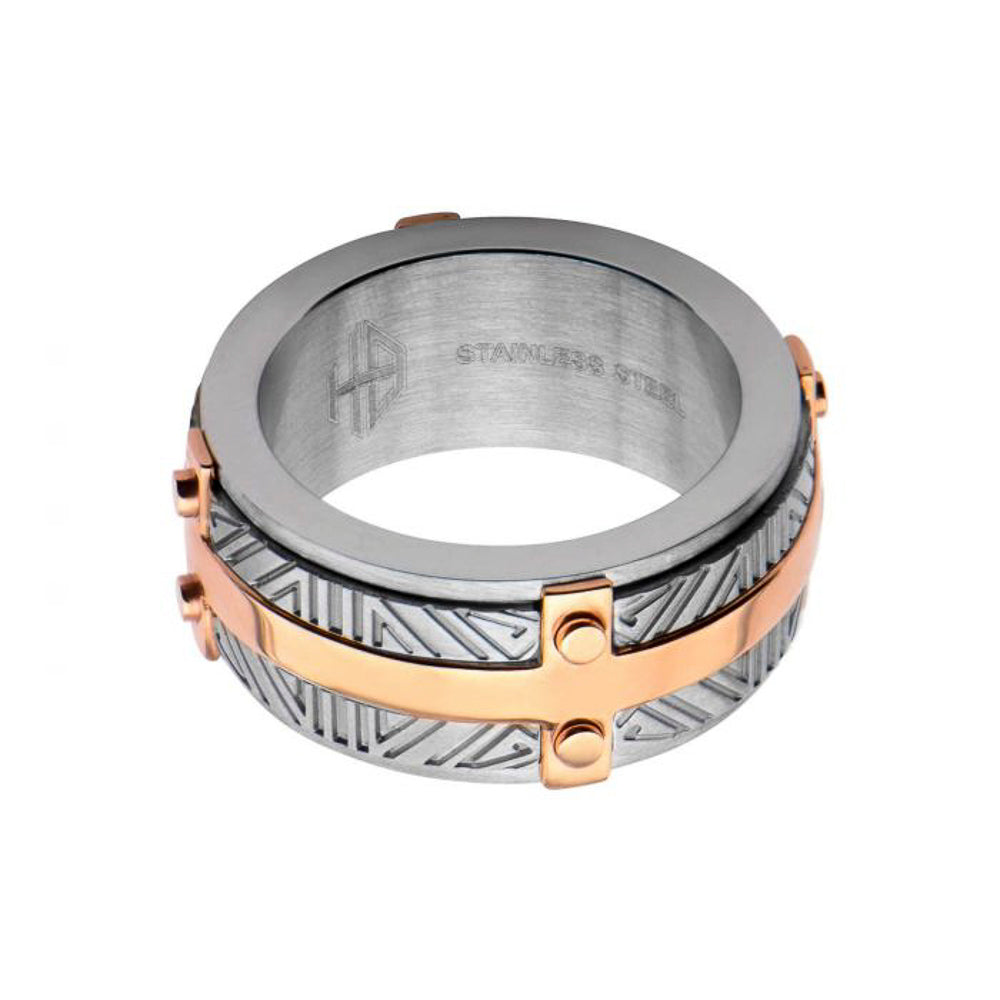 Stainless steel ring, gold-plated geometric design.