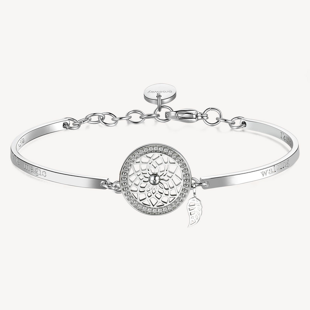 Stainless steel charm bracelet with circular design.