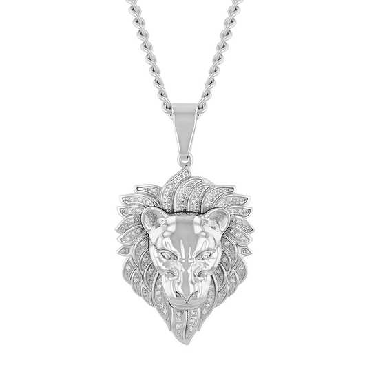 Lion head pendant, diamond accents, stainless steel.