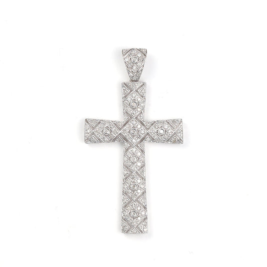 Cross-shaped white gold diamond necklace.