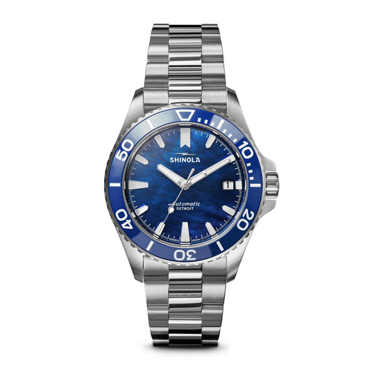 Blue mother of pearl dial watch.