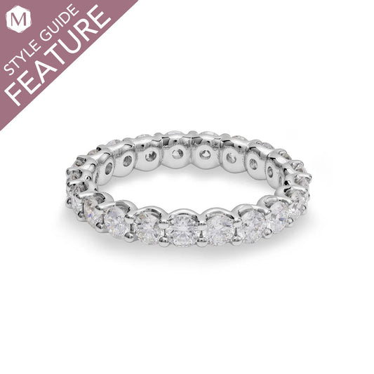 Platinum band with round diamonds.
