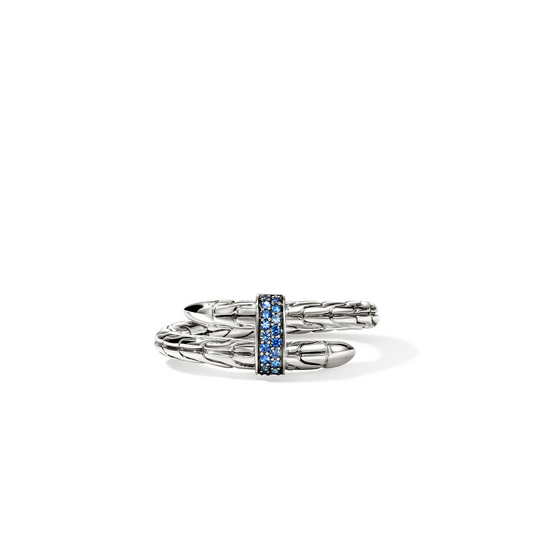 Sterling silver ring with blue sapphire accents.