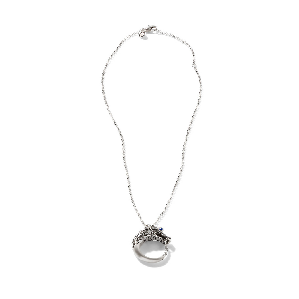 Sterling silver necklace with black sapphire pendant.