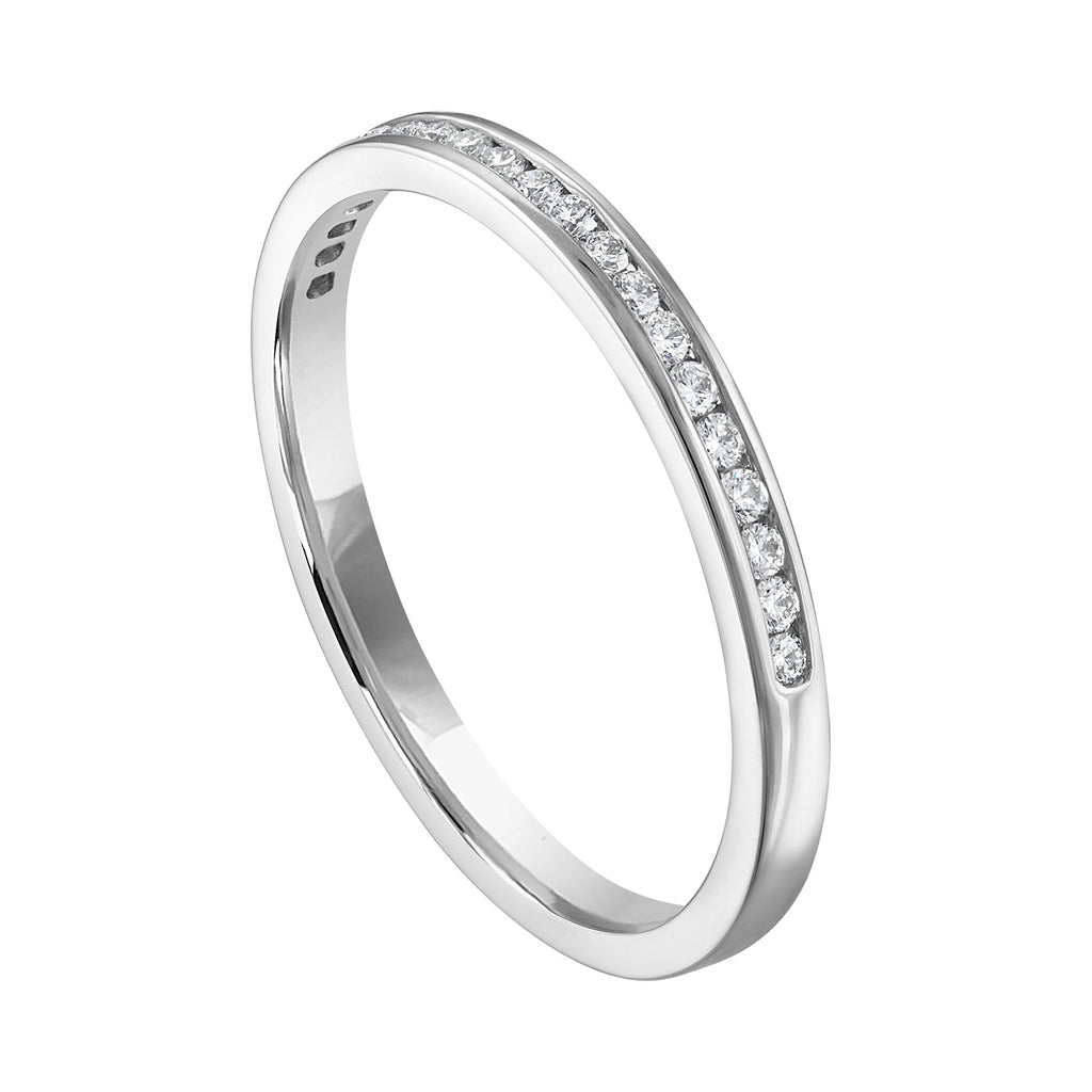 14K white gold band with round diamonds.