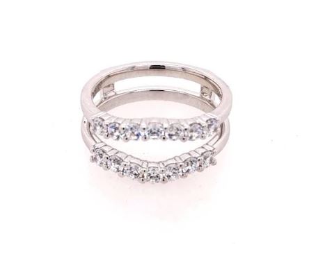 14K white gold band with round diamonds.