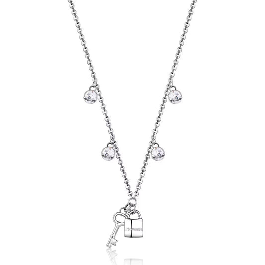 Simulated diamond necklace with key, lock charms.