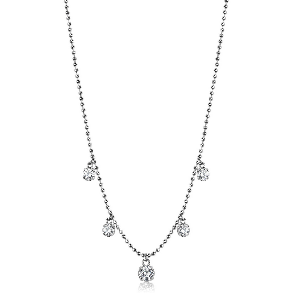 Stainless steel necklace with five diamond pendants.