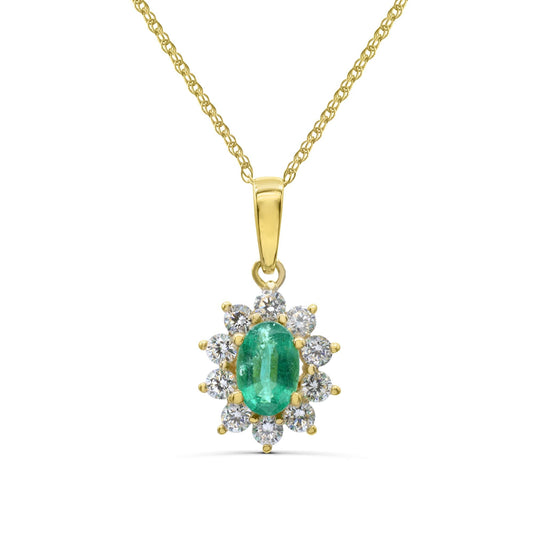 Oval emerald, diamond halo, yellow gold necklace.