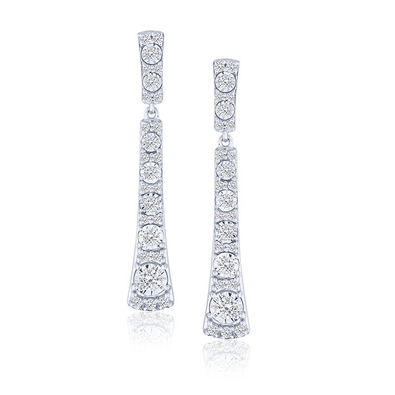 White gold drop earrings with round diamonds.
