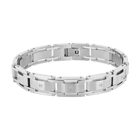Stainless steel bracelet with round diamond accents.