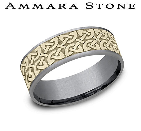 Tantalum band with carved yellow gold design.