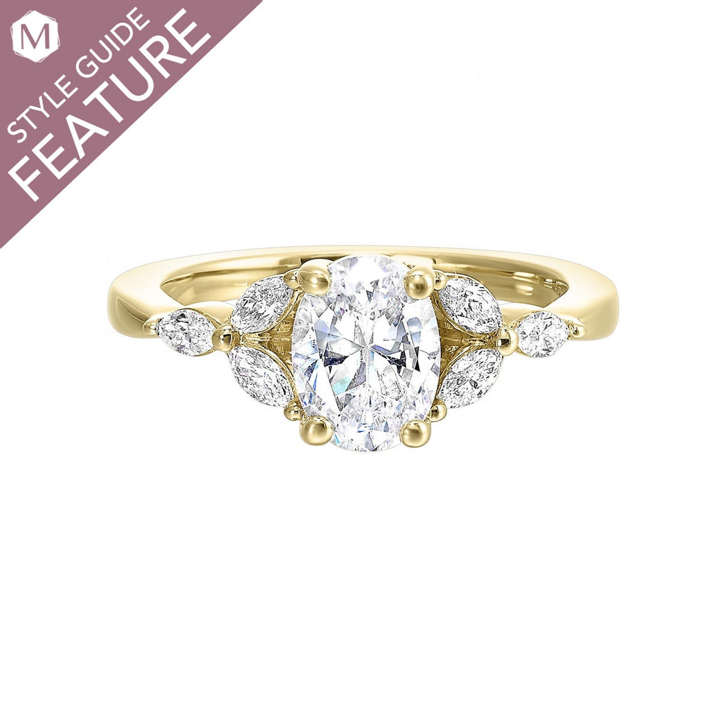 14K yellow gold ring, marquise diamonds.