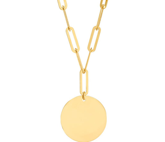 14K yellow gold paperclip pendant necklace.