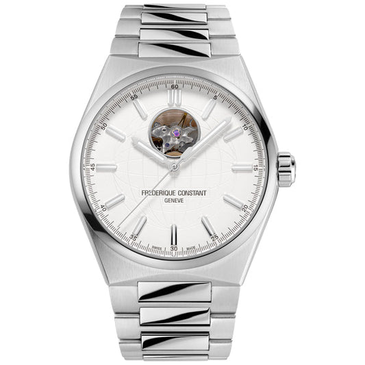 Stainless steel watch with open-heart dial.