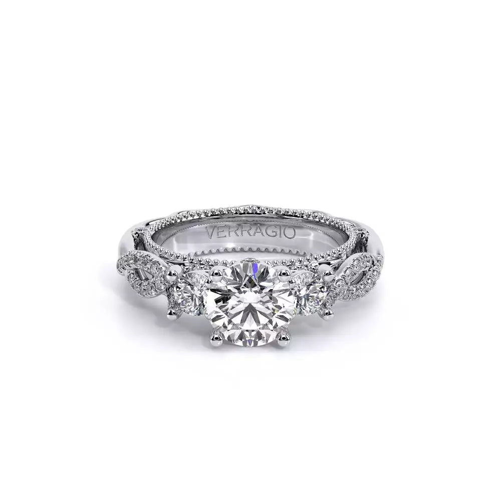 Verragio white gold three-stone diamond ring.
